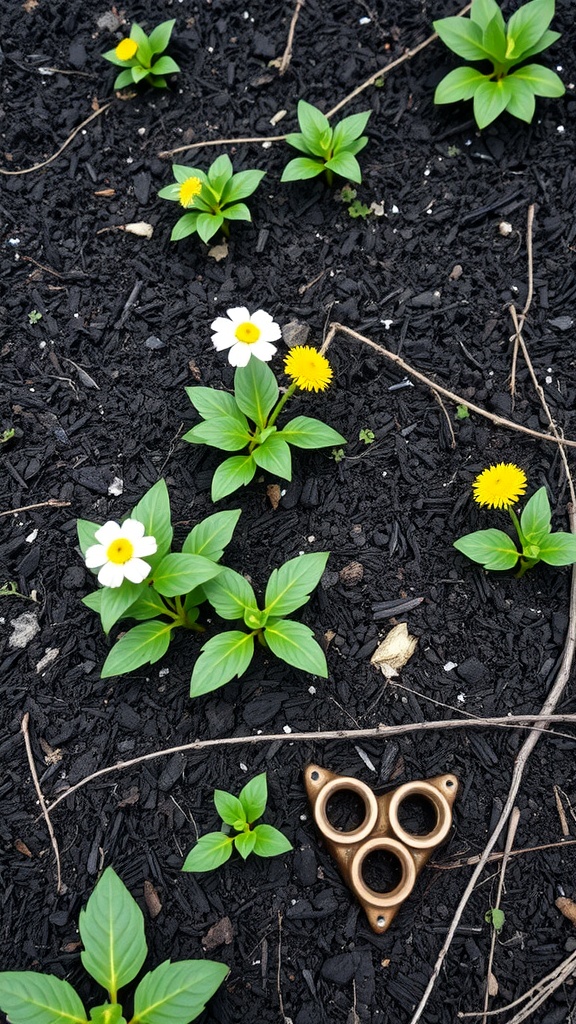 A garden bed with black mulch, featuring various green plants and colorful flowers.