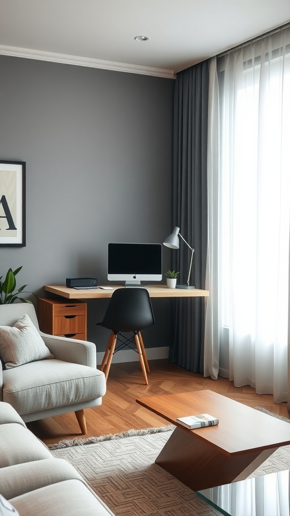 A small stylish living room featuring a floating desk, comfortable chair, and natural light.