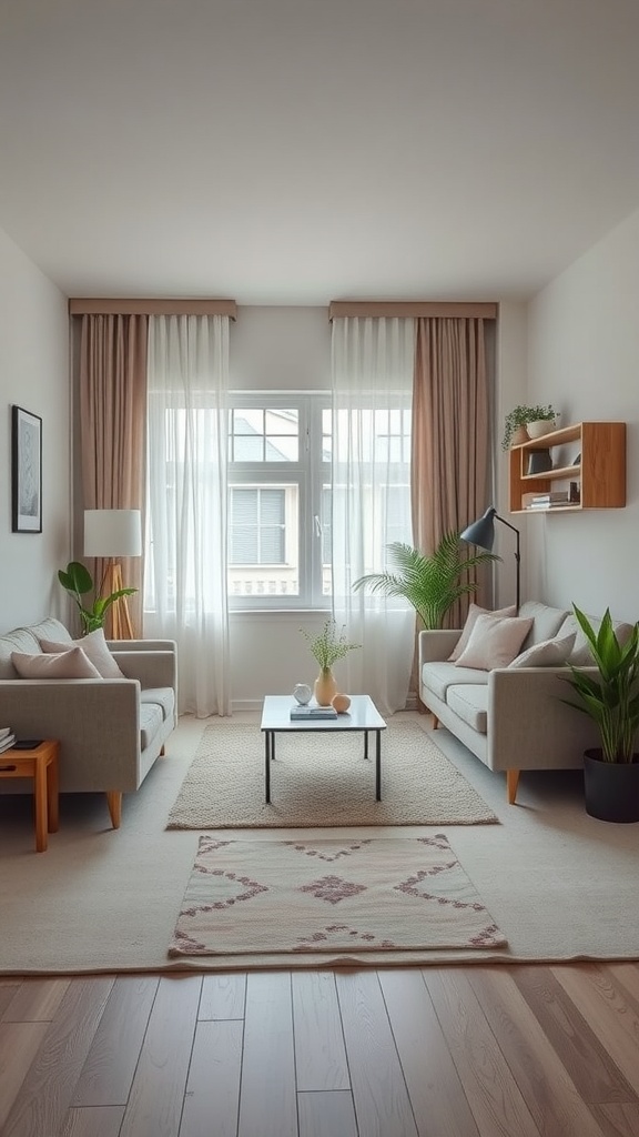 A cozy small living room featuring light-colored sofas with legs, a coffee table, and plants that enhance the open feel.