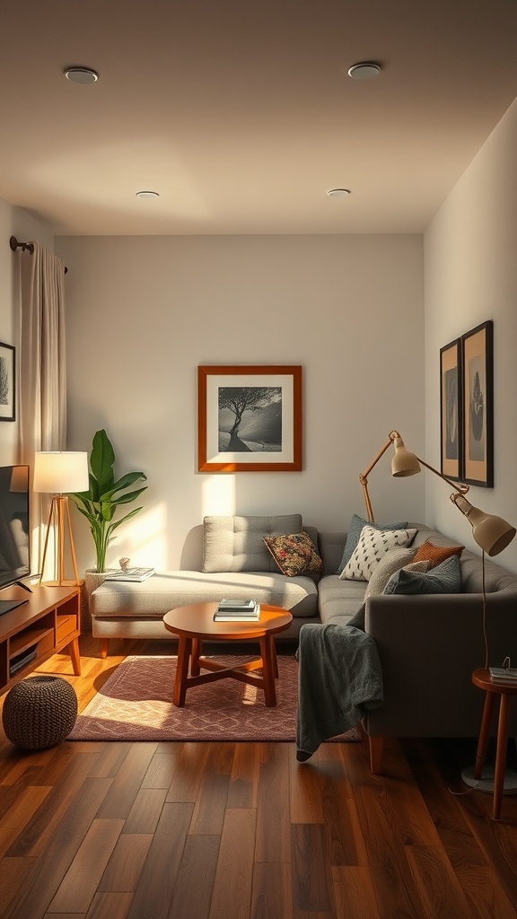 A cozy small living room with a sectional sofa, coffee table, and decor.