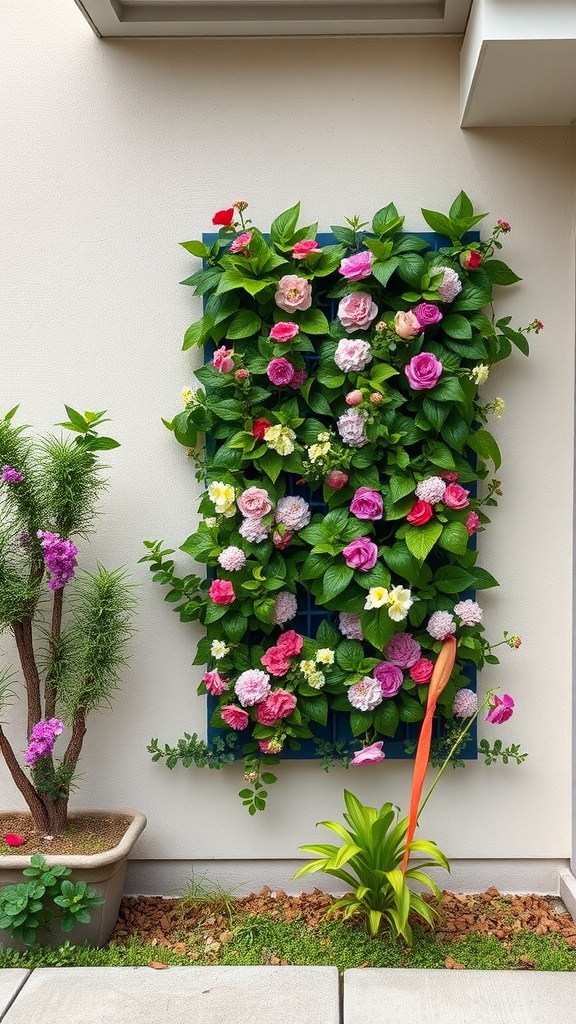 A vertical garden featuring a variety of colorful flowers and green leaves mounted on a wall.