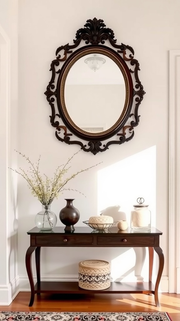 A vintage entryway featuring an ornate antique mirror, wooden door, and decorative elements.