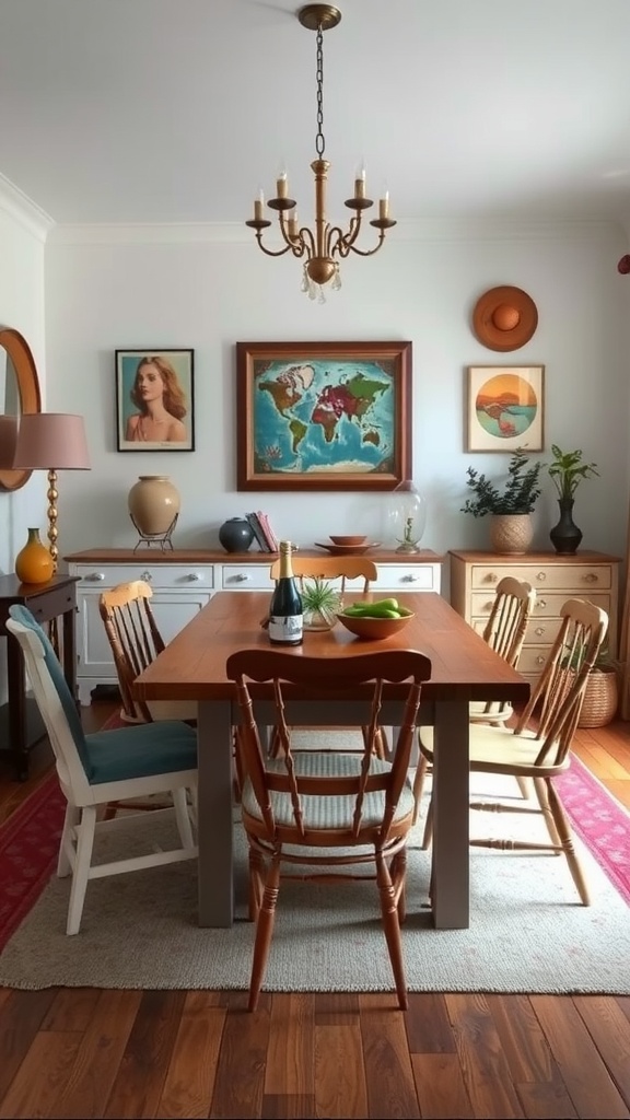 A boho chic dining room with vintage decor and eclectic furniture.