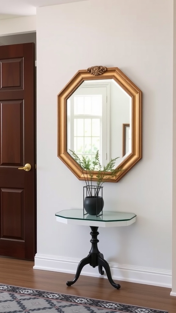 Vintage octagonal mirror with a gold frame, hanging above a small glass table with a black vase and greenery.