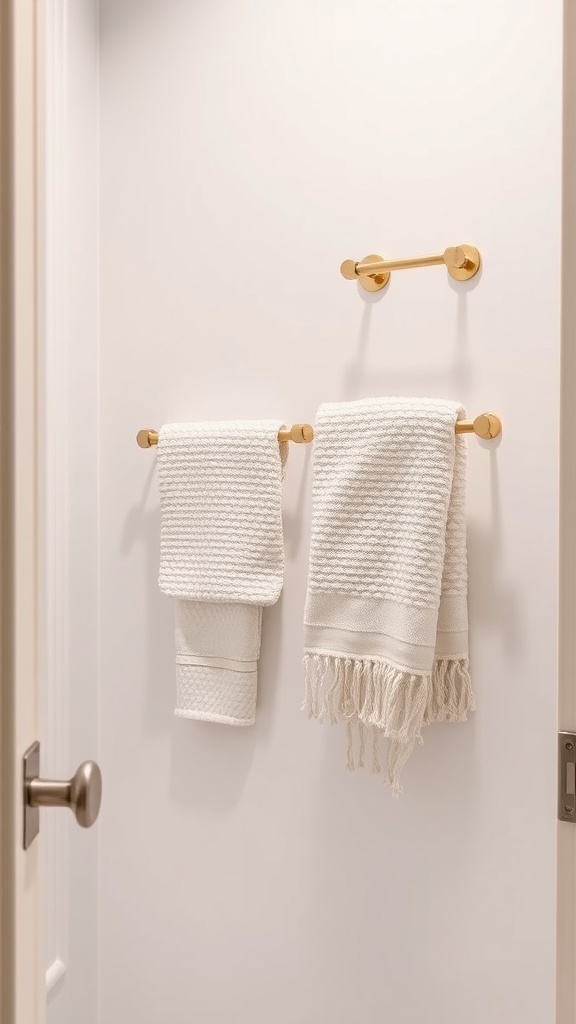 A stylish bathroom with a wall-mounted towel holder displaying two white towels on a light background.