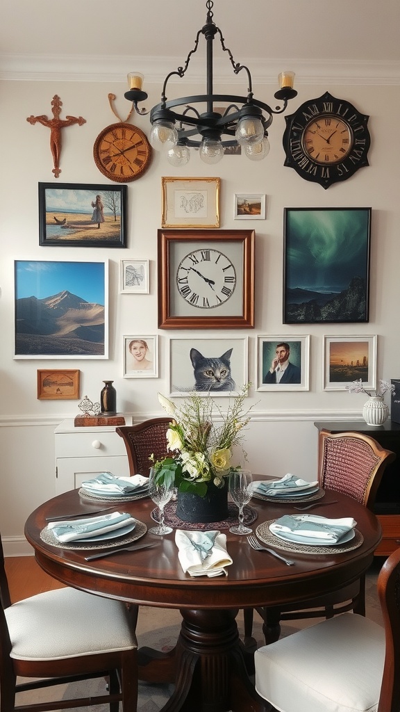 Boho chic dining room with a gallery wall featuring various artworks and a round dining table set for a meal.