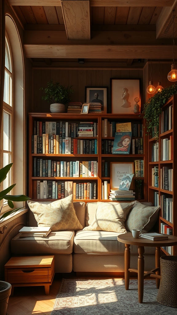 Cozy living room with warm lighting, soft pillows, and a bookshelf.