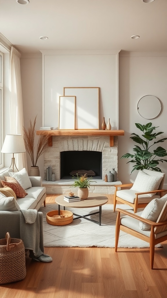 Cozy modern living room with warm minimalism elements, featuring a soft sofa, wooden accents, and plants.