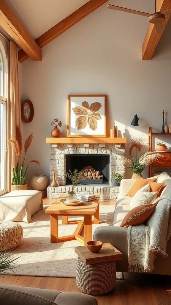 A cozy living room decorated in warm neutrals and earthy tones, featuring a fireplace, plants, and comfortable seating.