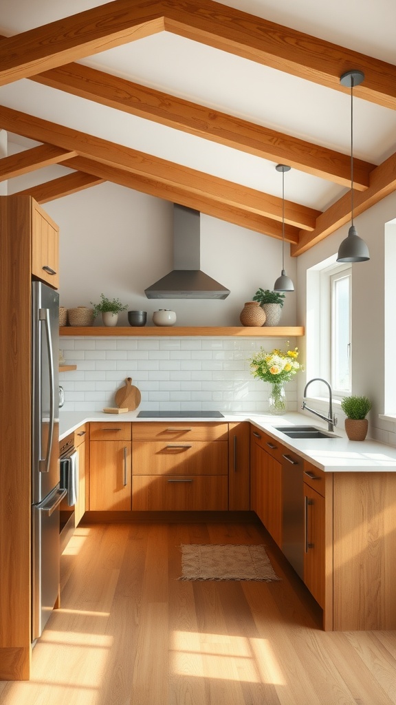 A modern kitchen with warm wood finishes, featuring wooden cabinets and beams, a sleek countertop, and natural light.