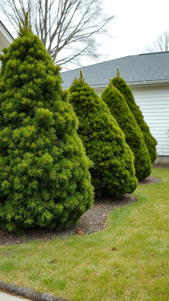 Row of evergreen shrubs in a front yard