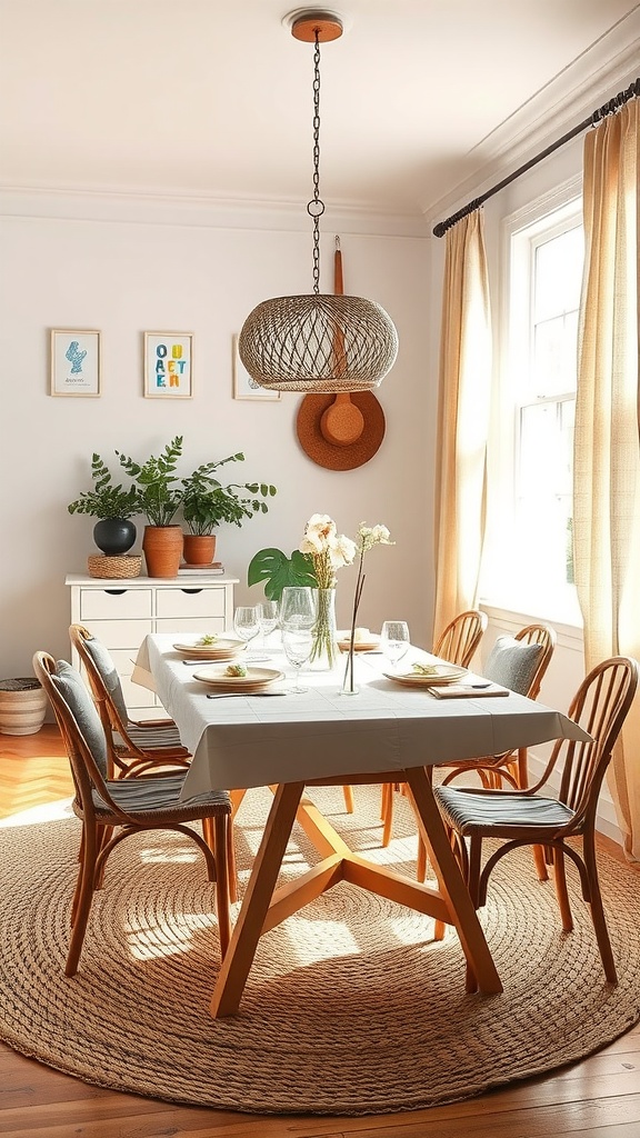 A cozy dining room with a woven rug, wooden table, and soft fabrics.